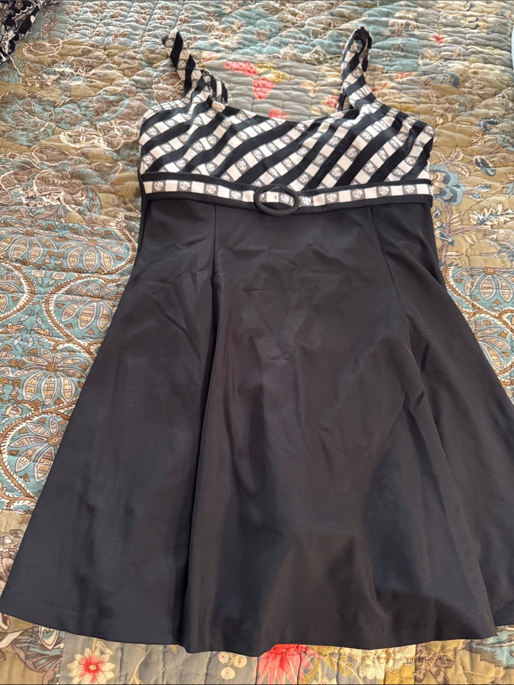 Black A-Line bathing suit  with Striped Bodice